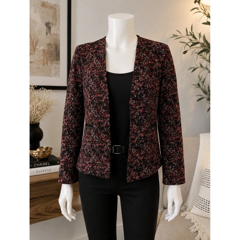 Ann Taylor Marled Knit Open Front Blazer | Burgundy Black Tweed Jacket | XS
